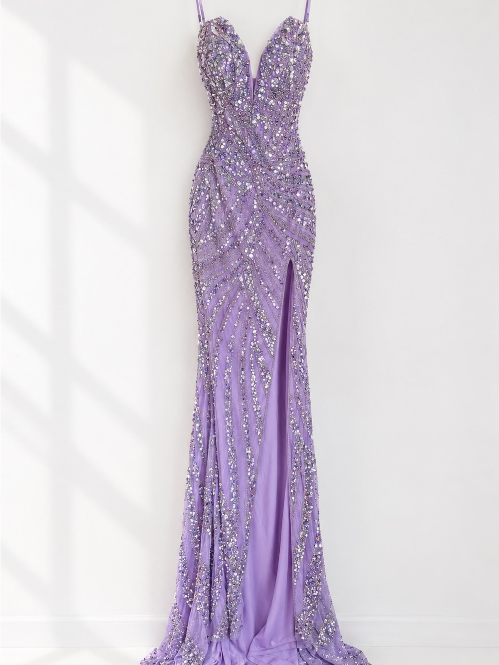 Amara Prom Gown Dress Satin Beaded Lavender Purple Open Slit